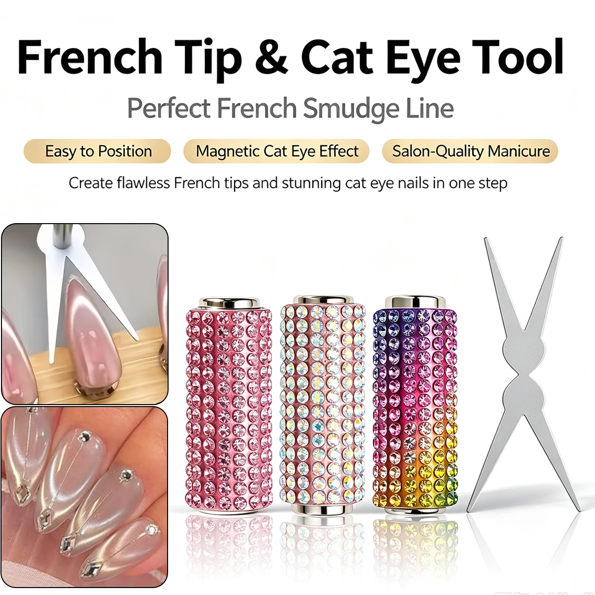 Cat-eye nail art set featuring a handle fully encrusted with rhinestones; easily creates a translucent cat-eye halo effect.