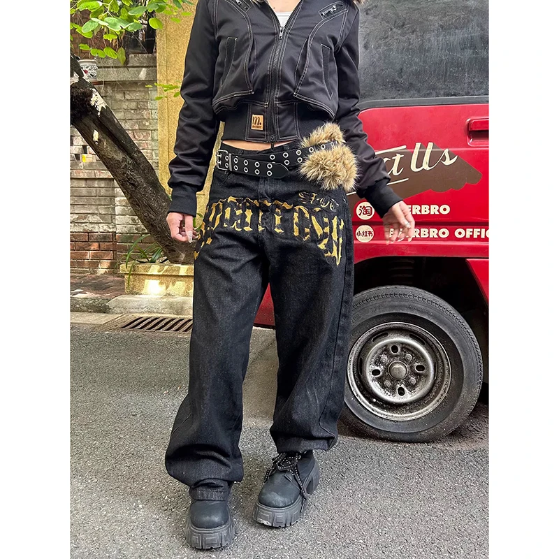 ZHIZOU Women Black Baggy Y2k Jeans Print Grunge Jean Pants Vintage Harajuku Oversize Washed Denim Trousers Alternative Clothes view 4