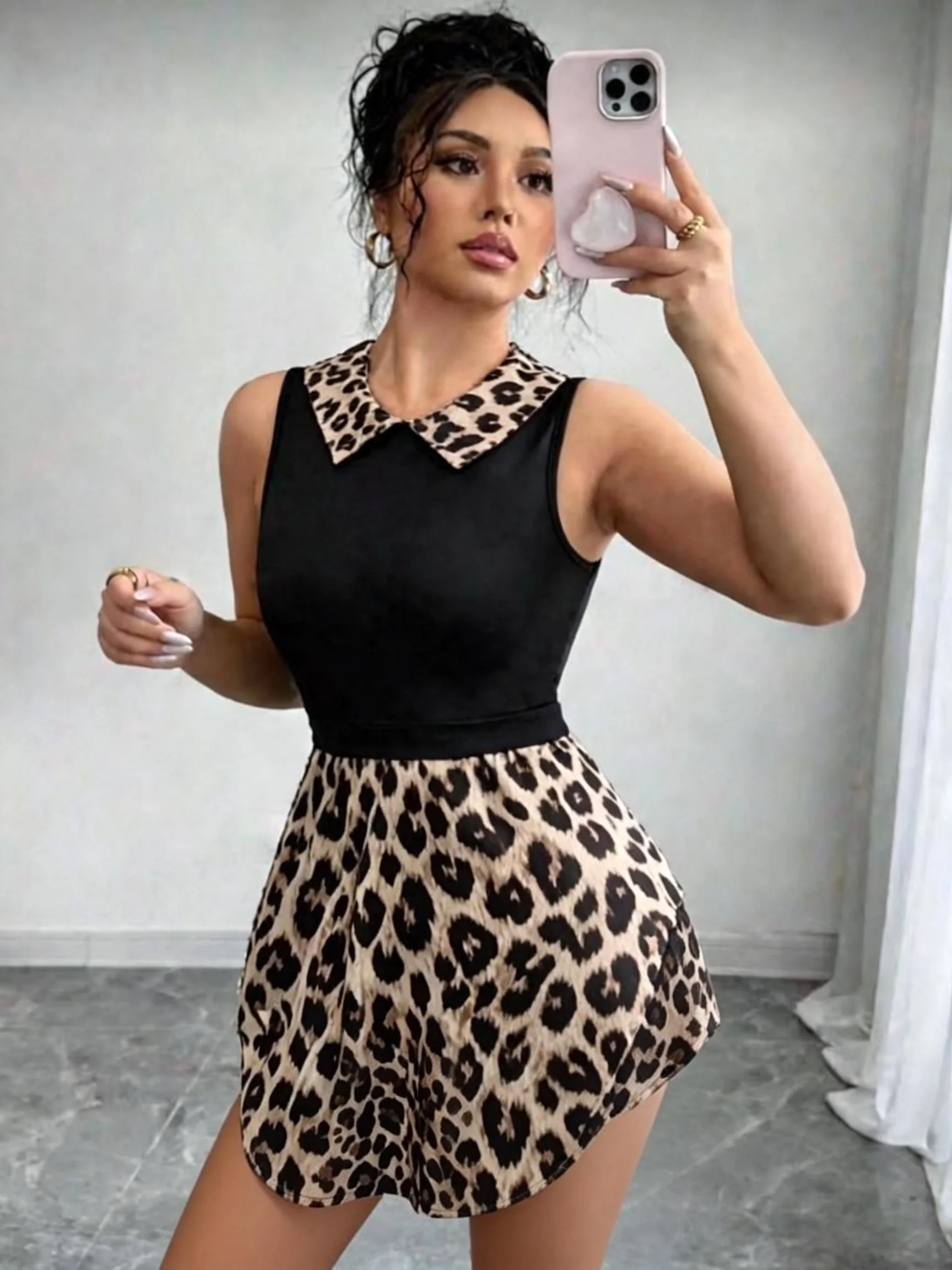 

Plus Size Women's New Leopard Print Patchwork Sleeveless Vest Fashion Shirt Top