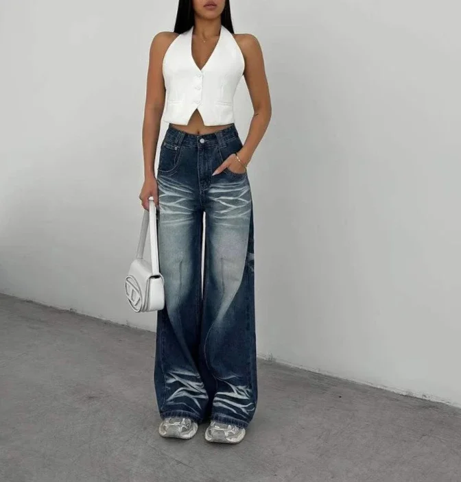 

Fashionable Whitewashed Design Style Girl's Denim Pants - Vintage High Street Long Length Frayed Floor-length Pants
