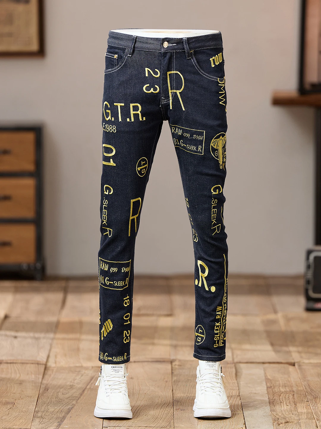 

Мужские джинсы Slim Fit с вышивкой, оригинального цвета, эластичные, темно-синие, повседневные, длинные брюки из хлопкового стрейч-денима