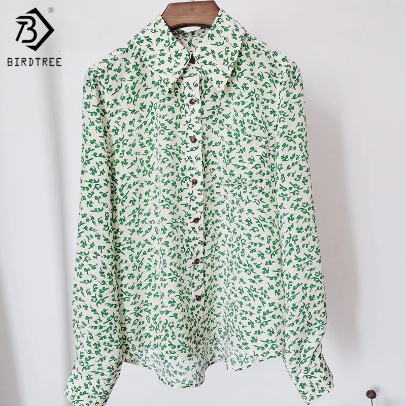 

Birdtree,100% Real Silk Print Blouse,Women's Lapel Neck Tops,Full Sleeve,Single Breasted,2025 Spring Autumn New Shirt T5D301JF
