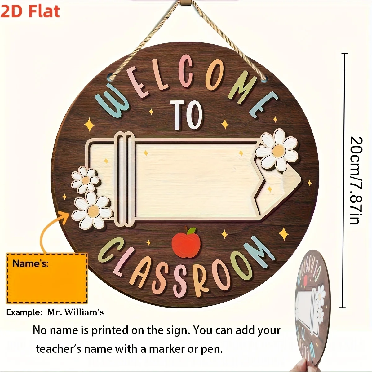 2D Flat - [School Welcome] Teacher Nameplate - Welcome to The Classroom, Retro Wooden Pencil And Floral Design, Ideal Back-To-Sc