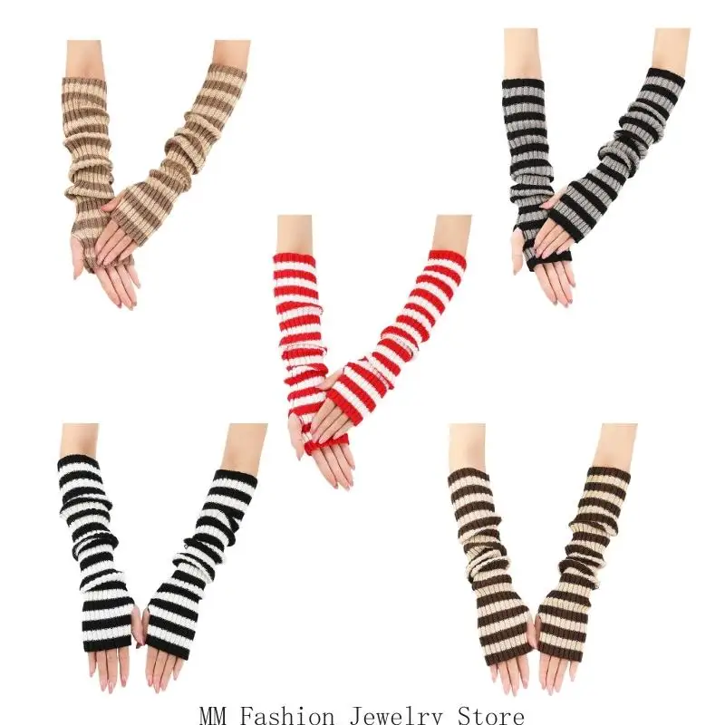 D0UB Mode gestreifte halbe Fingerhandschuhe gestrickte Manschetten kaltes Wetteraktivität