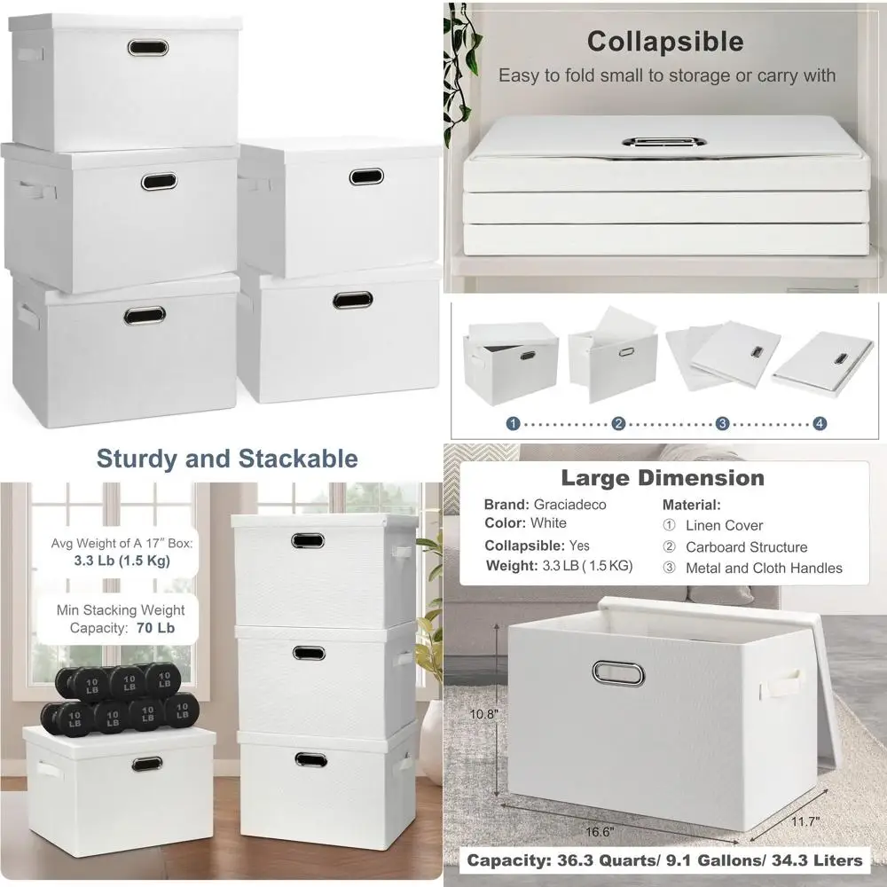 

17 36-Quart Collapsible Storage Bins with Lids, 5-Pack White Linen Fabric Closet Boxes for Bedroom and Office Organization