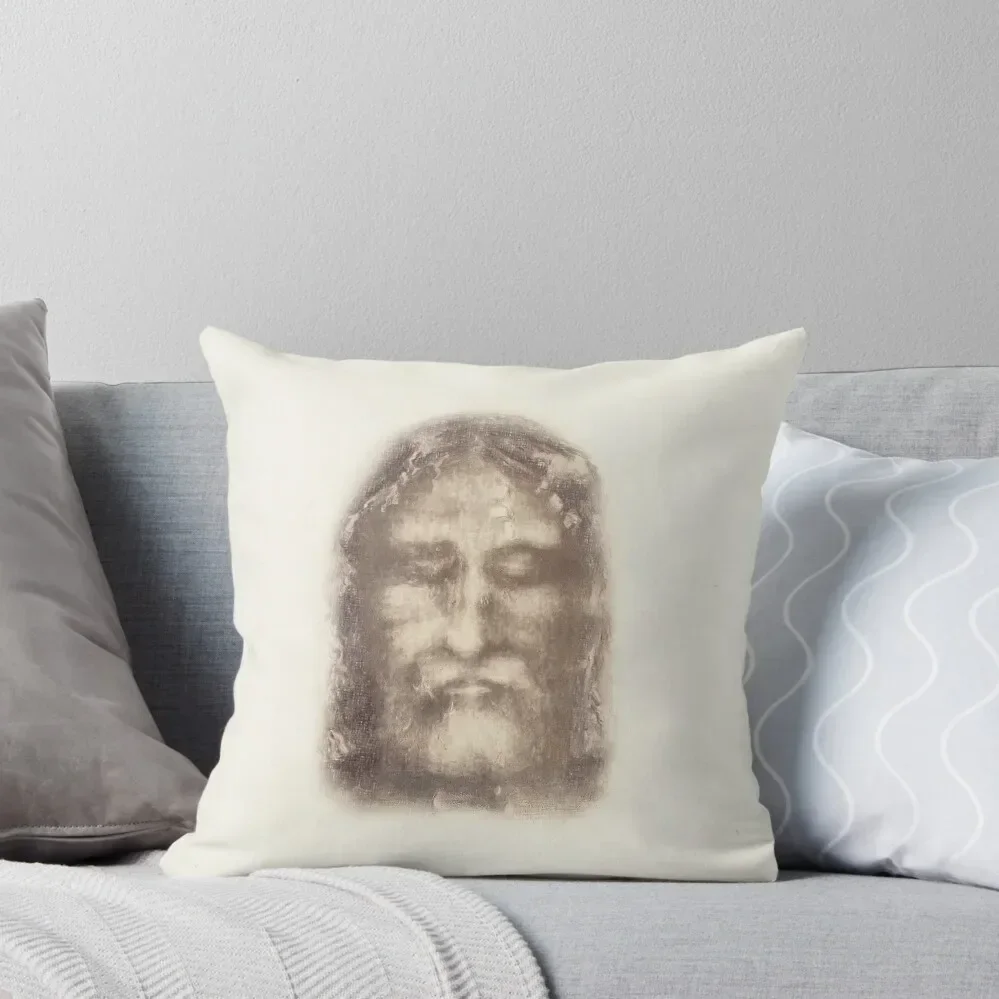 Shroud of Turin Face of Jesus Christ with Crown of Thorns Beige Vintage Background Painting HD High Quality Throw Pillow