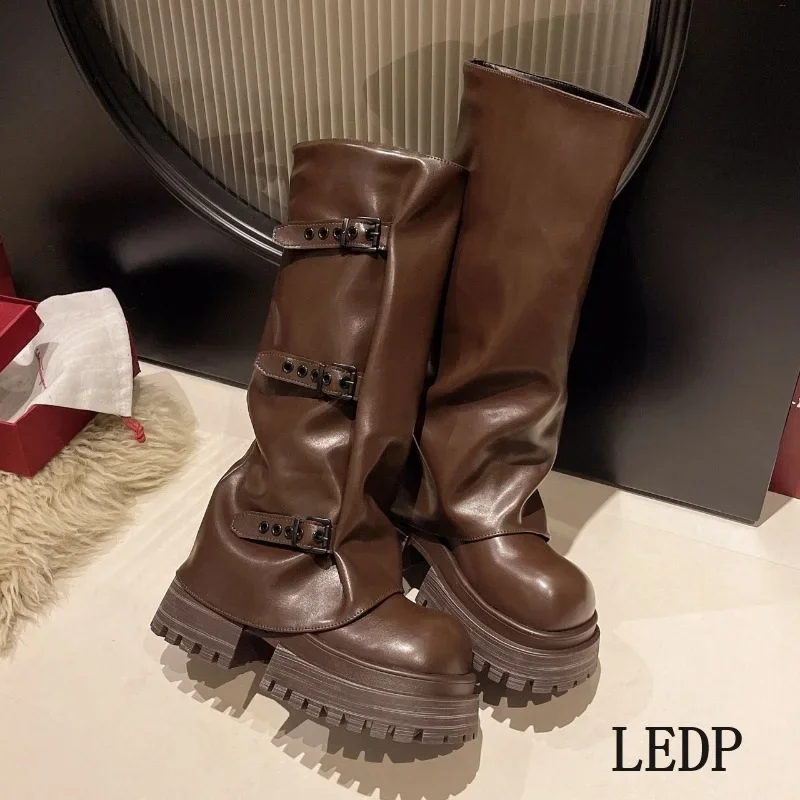 

LEDP Brand Pant Boots 2024 Autumn New Trend Loose Buckle Set Feet High Round Head Thick Sole But Knee Boots Women's Shoes