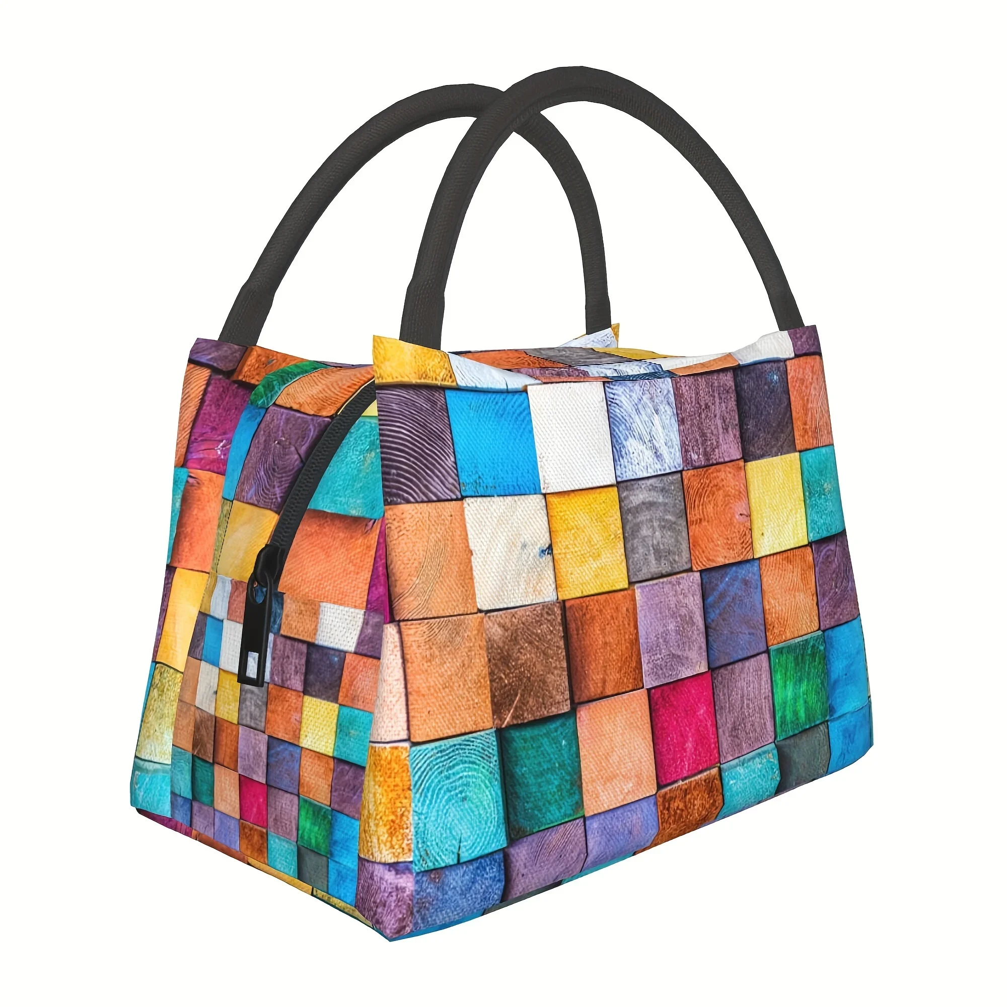 Colorful Wooden Block Print Lunch Bag Rustic Patchwork Pattern Insulated Cooler Bag Reusable Leakproof Tote Bag For Daily Use