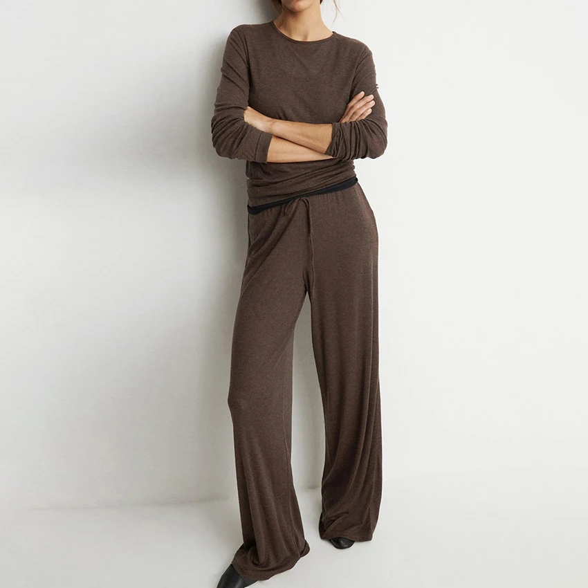 

HiLoc Casual Knit Solid Trousers Outfits Pajamas For Woman 2025 Home Autumn Long Sleeve T Shirt With Long Pants 2 Piece Sets
