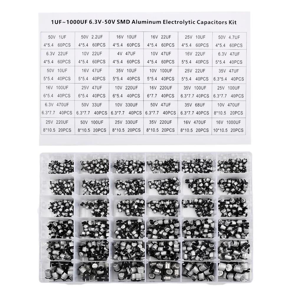 1500PCS 1UF~1000UF 6.3V-50V 36 Value SMD Aluminum Electrolytic Capacitors Assortment Kit with Box for PCB Circuit Board