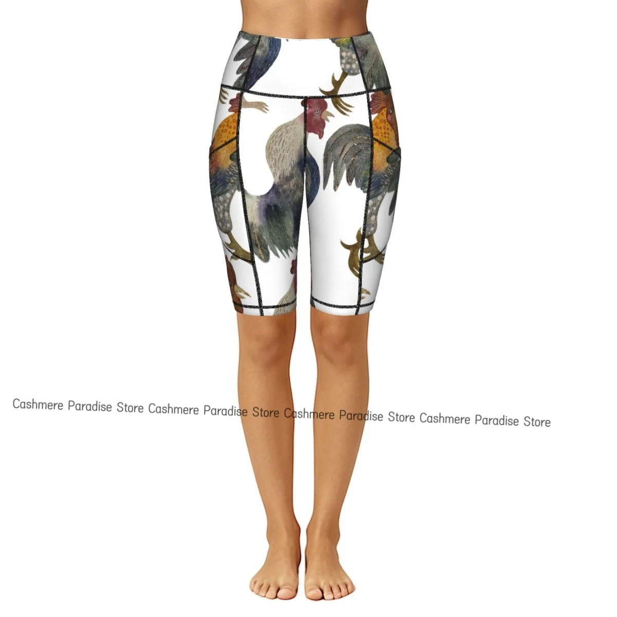 Watercolor Roosters Sport Yoga Shorts Pants Women Fitness High Waist Hip Lift Running Yoga Side Pockets Tights Sportswear