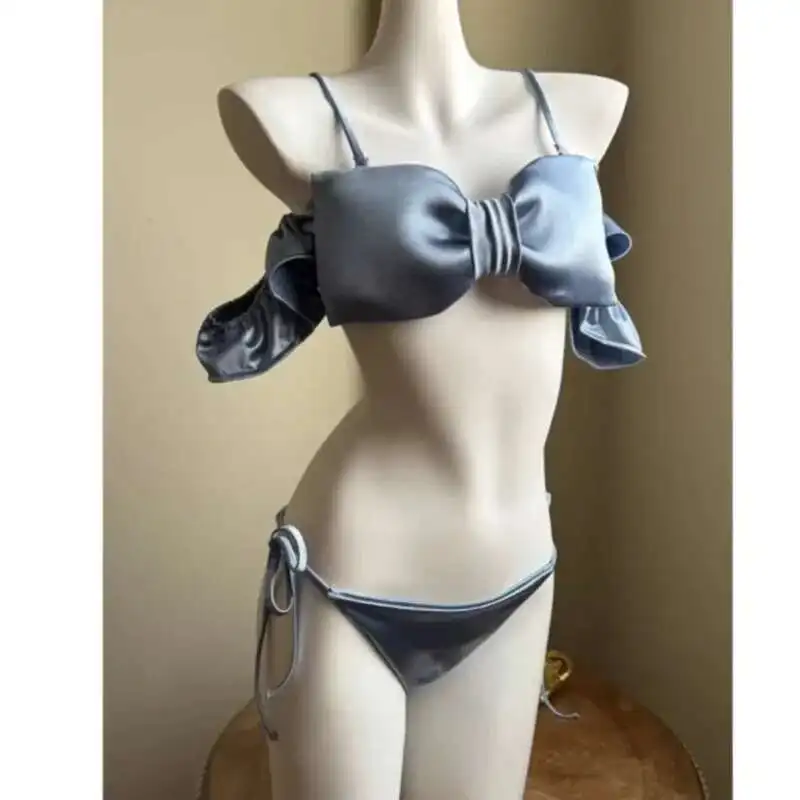 

Lace-up Beach Bikinis Sets Bows Design Pleated Bra Bandage Triangle Thong Sexy Swimwear Bathing Sets Women's Two-piece Swimsuits
