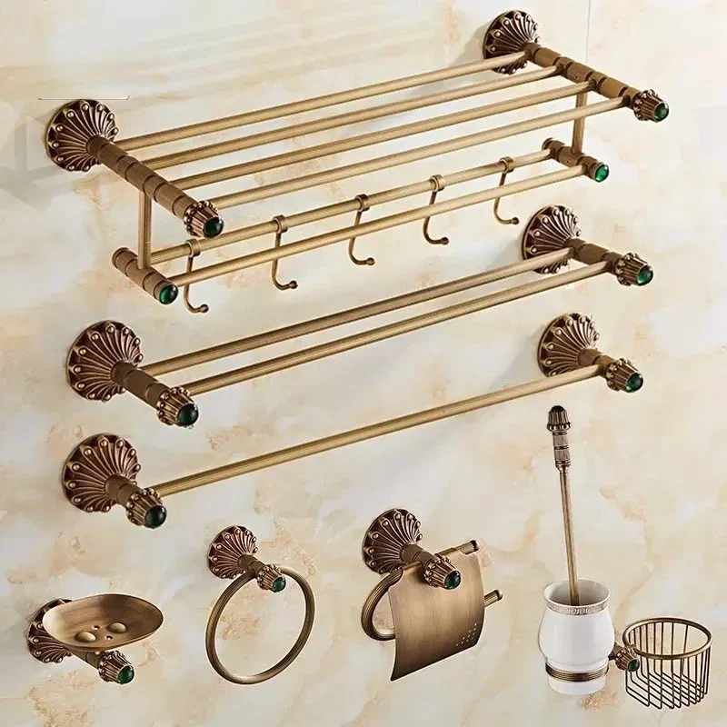 Antique Brass Bathroom Hardware Retro Carved Bath Towel Rack Cup Holder Toliet Brush Holder Storage Rack Bathroom Acessorios