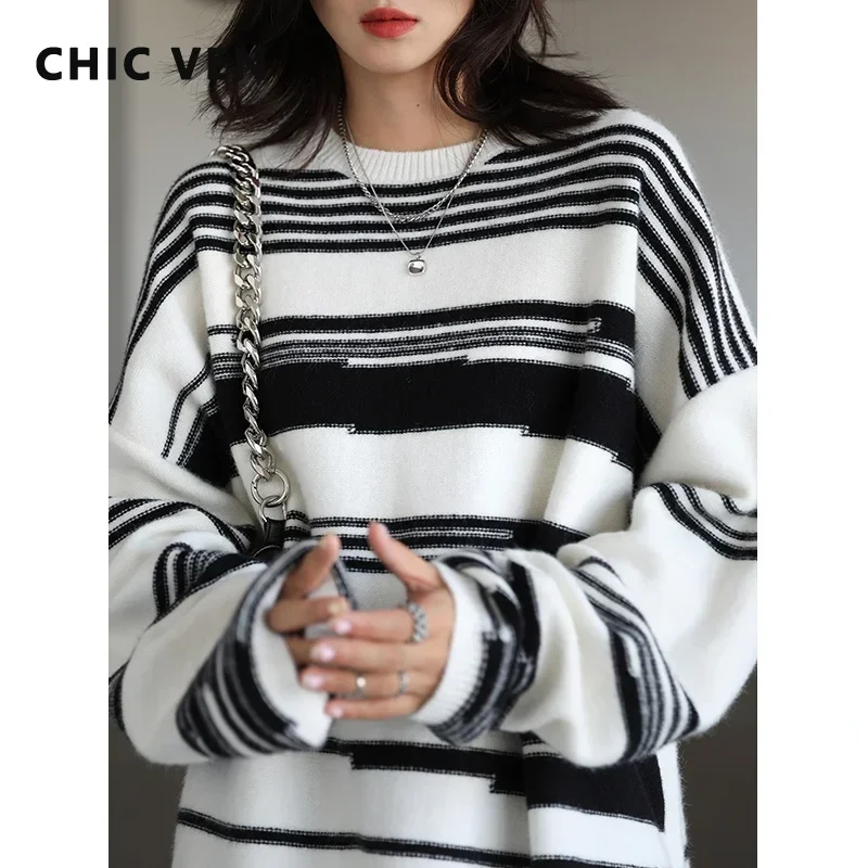 CHIC VEN Women Sweaters Streetwear Casual Loose Pullover Stripe Women\'s Jumpers Thick Warm Female Tops Autumn Winter 2023