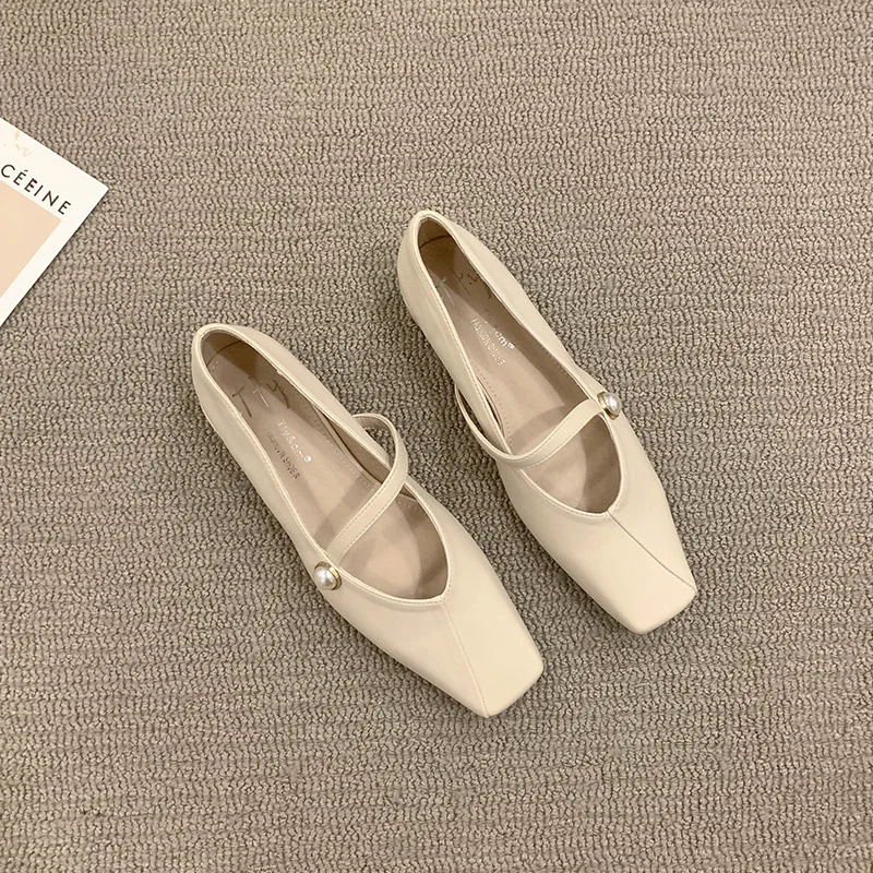 Sepatu datar wanita, Kasut pantofel Slip on ringan warna polos jari persegi simulasi elegan musim semi musim gugur