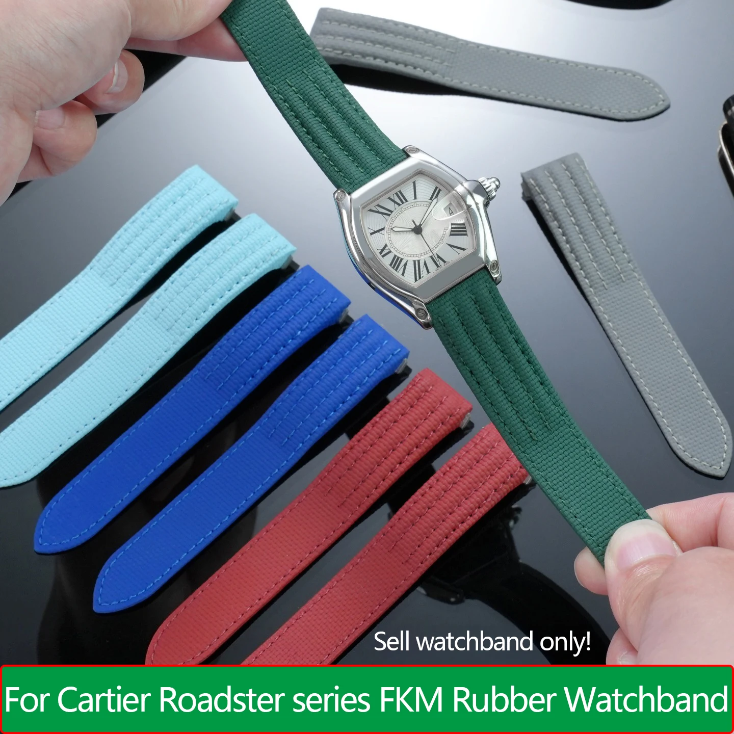 19 20mmu new nylon patterned fluororubber strap for Cartier Roadster series W6206018 Quick release FKM+cowhide bottom watchband
