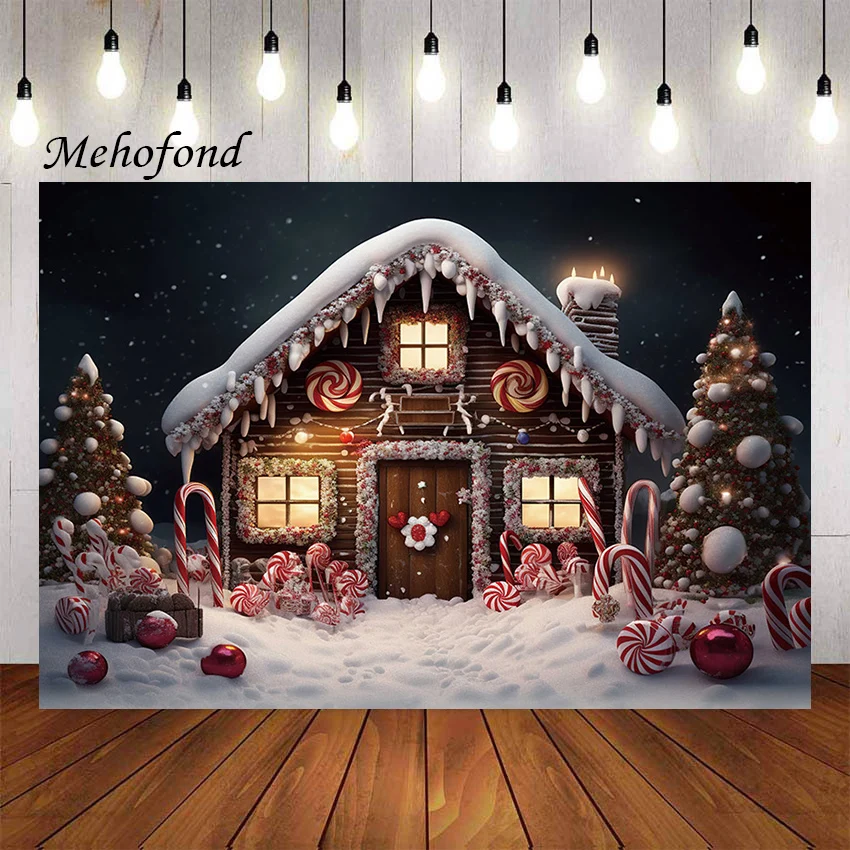 Mehomond Fotografie Hintergrund Winter Weihnachten Süßigkeiten Haus Schnee Weihnachten Baum Kind Familie Party Porträt Dekor Hintergrund Foto Studi