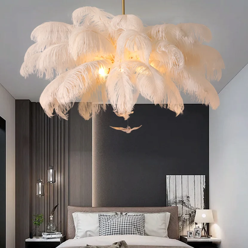 SANDYHA Luxury LED Ostrich Bird Feather Chandelier Lamp White Living Room Ceiling Light Home Decoration Hanging Lighting Fixture