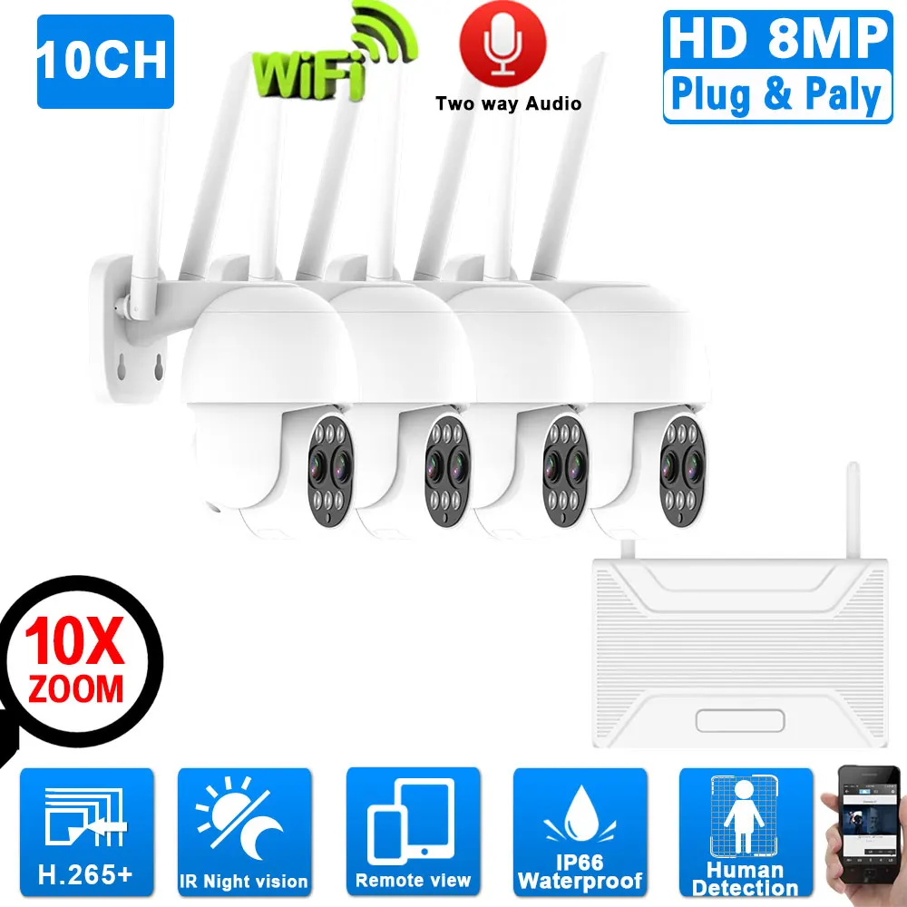 

10-кратный зум, Wi-Fi, PTZ-камера безопасности, 4K, 4-канальный беспроводной комплект NVR, комплект с двумя объективами, автоматическая треaking, комплект камеры видеонаблюдения