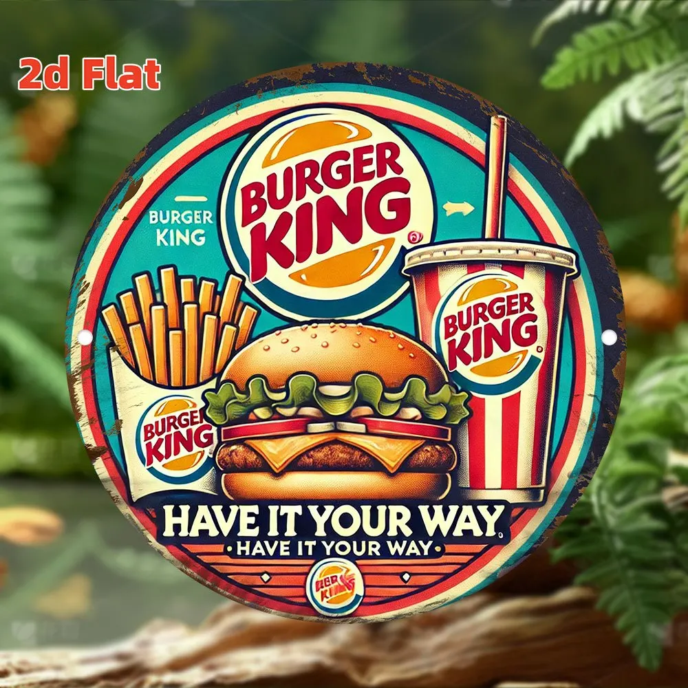 Vintage Retro Burger King HD Print Metal Tin Sign – Featuring Classic 1970s Fast Food Design with Juicy Beef Burger, Crispy Gold