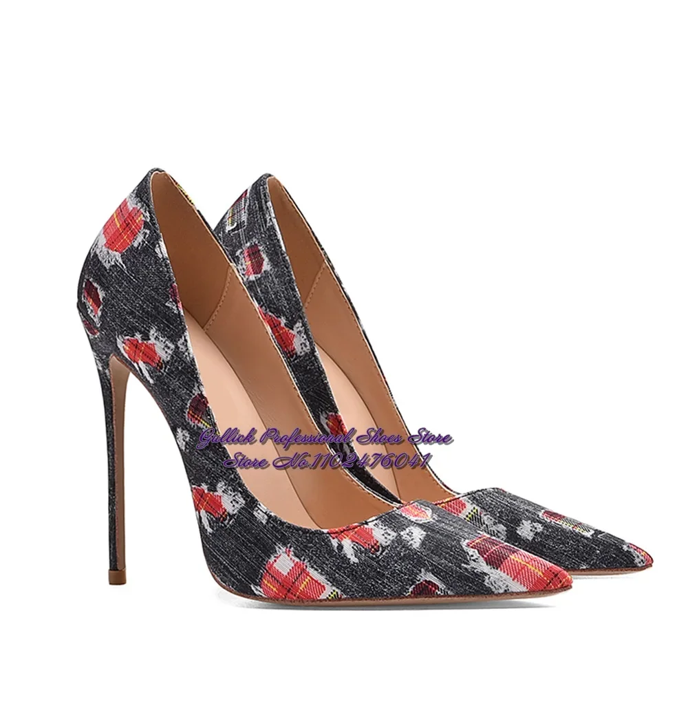 ALMUDENA Black Black Denim Red Checkered High Heel Shoes 12cm 10cm 8cm Pointy Toe Dress Pumps Slip-on Shallow Party Shoes Size45