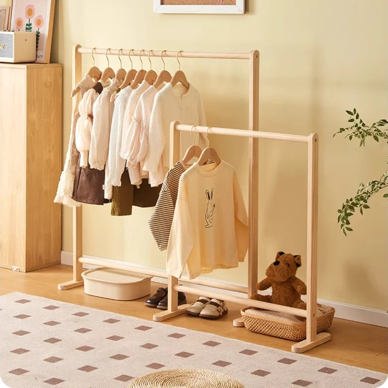 Kids Solid Wood Folding Clothes Rack Simplistic Design Coat Hanging Solution with Landing Rod Bedside Stylish Clothing Organizer