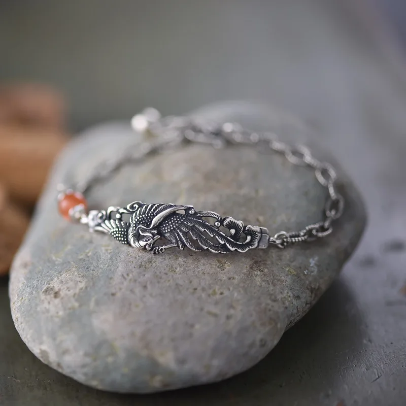 

Браслет из бисера Дракона и Феникса, винтажная этническая манжета из стерлингового серебра S925 с красным агатом для женщин