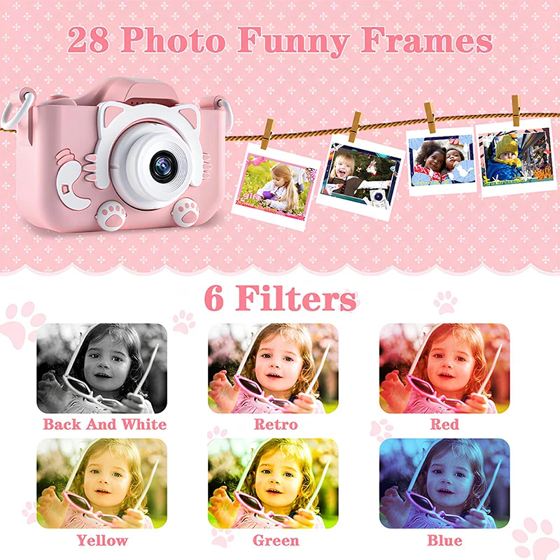 Mini appareil photo numérique pour enfants, jouets pour enfants, dessin animé vidéo, housse en silicone souple, carte SD 32 Go, garçon, fille, cadeau de Noël