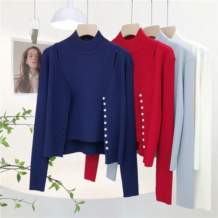 7597 Elegante und anmutige Dame ~ 14 Nadel High Twist Baumwolle halbe Rollkragen ärmellose Weste + V-Ausschnitt Strickjacke zweiteiliges Set für