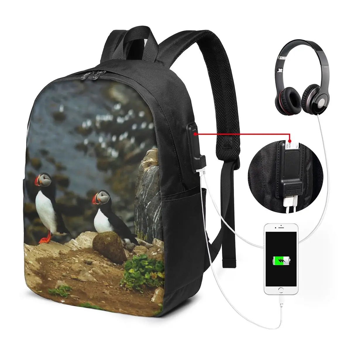 Atlantic Puffins On Coastal Cliffs Backpack Travel Notebook Bag Computer College Student School Bag Laptop Shoulder Bags
