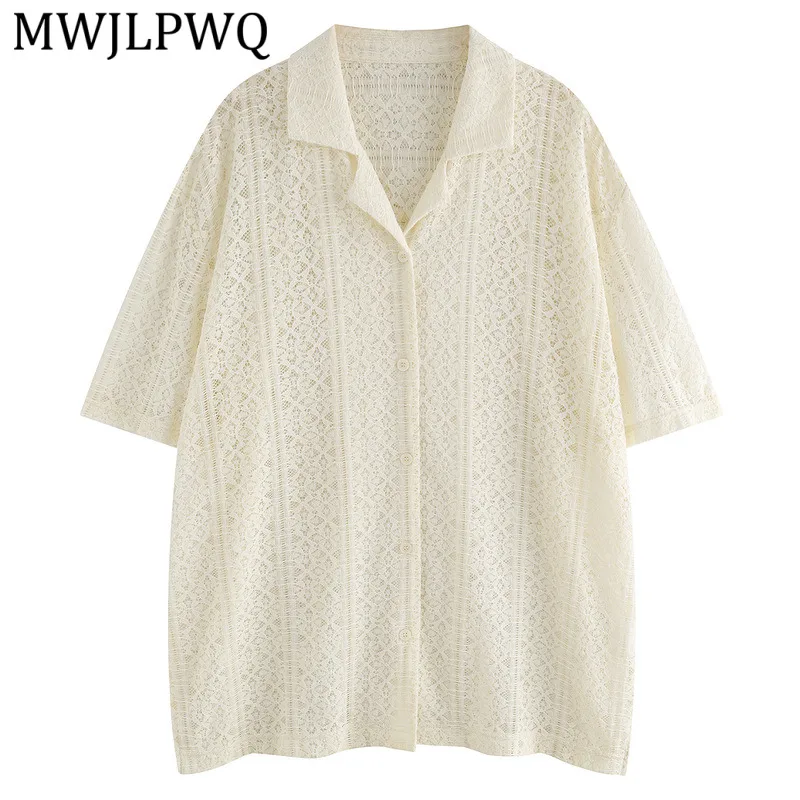 

MWJLPWQ Vacation Breathable Knitted Lace Shirts Unisex Cuban Collar Layered Retro Sun Protection Short Sleeve Summer Tops 15736