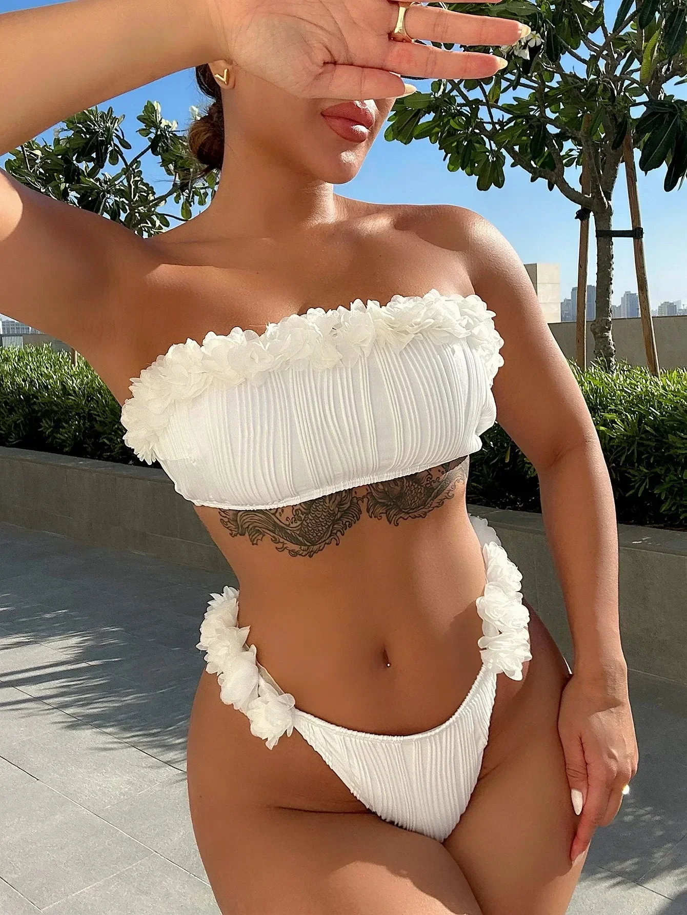 

New White Floral Ruffles Swimsuit Women Sexy Off Shoulder Embroidery Bikini Set Push Up Thong Backless Swimwear Beachwear