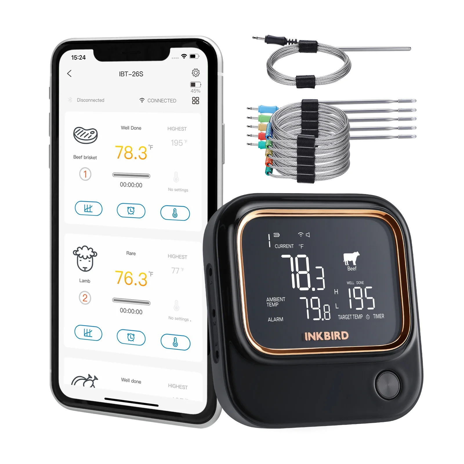 INKBIRD BBQ met 4/6 food-grade sondes thermometer IBT-26S Bluetooth Wi-Fi APP-bediening USDA vleesvoorinstellingen alarmtimer LCD met achtergrondverlichting