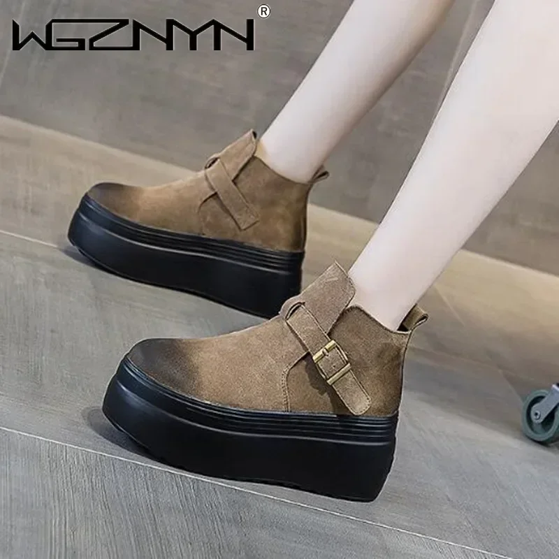 

Осенне-весенние ботильоны из натуральной кожи 8 см, увеличенные ботильоны на высоком каблуке и платформе, повседневные спортивные зимние теплые женские кроссовки