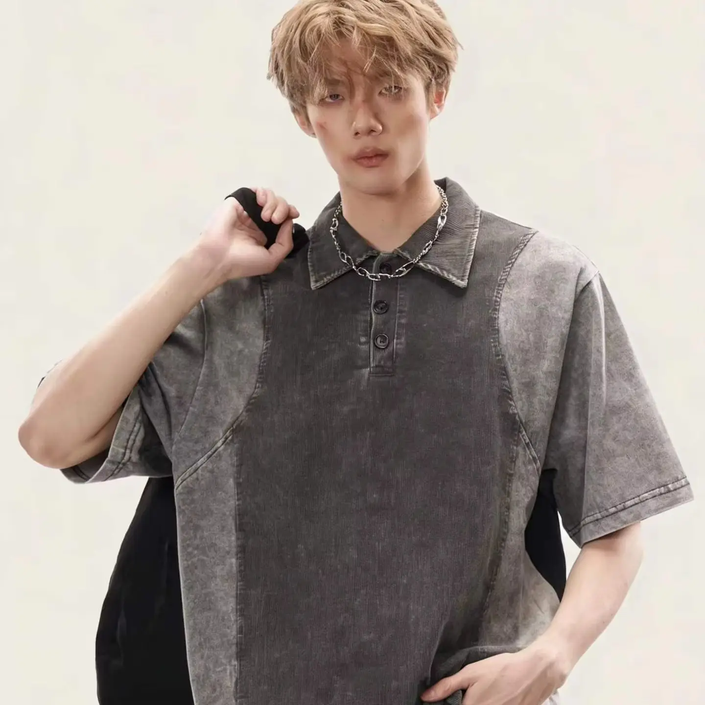 American Retro Deconstructed Splicing Polo Short Sleeve T Shirt Men Women Summer Loose Street Heavyweight Casual Tops