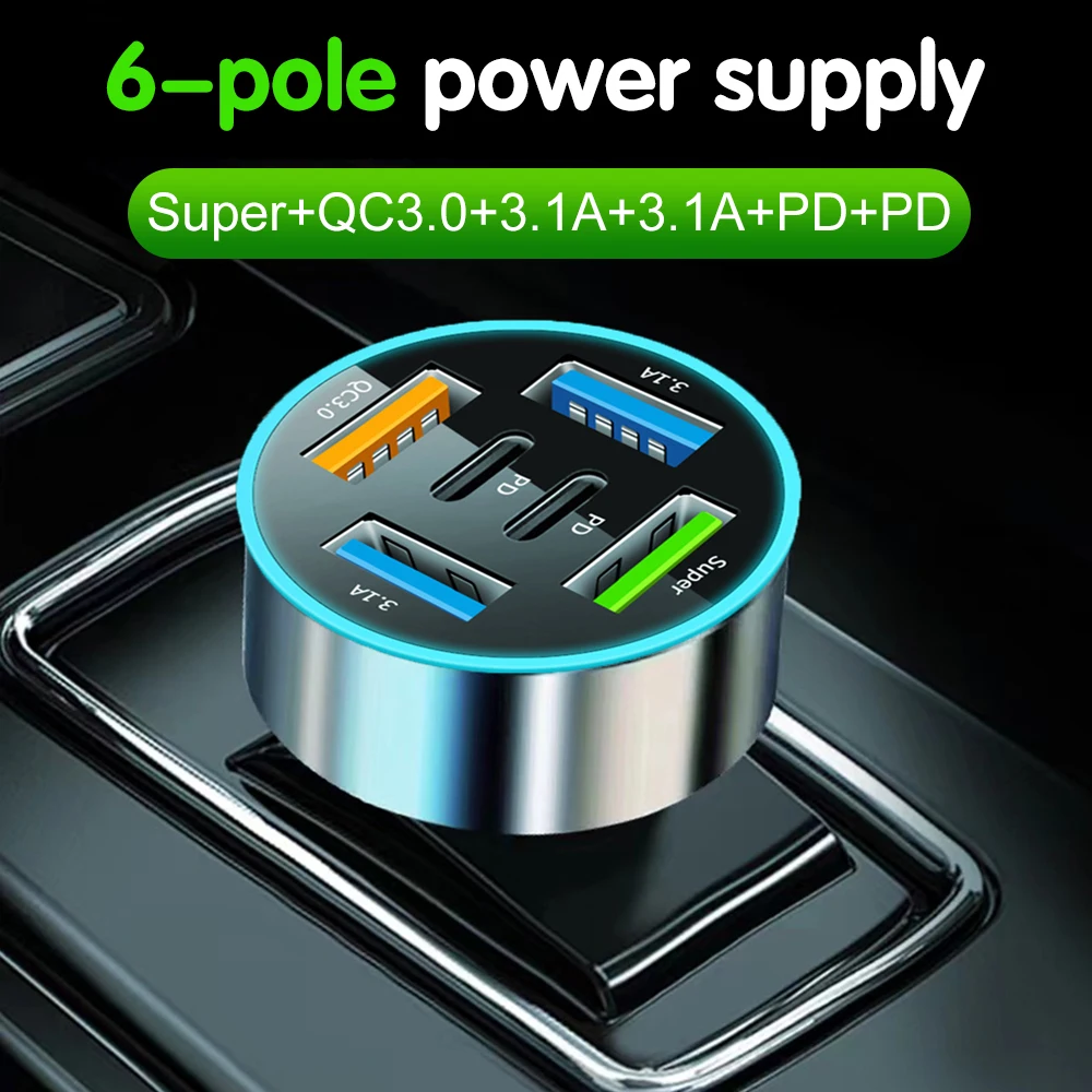 6-in-1-USB-Autoladegerät, Zigarettenanzünder-Buchse, Netzteil, Dual-PD-Telefonladegerät für iPhone 15 14 Pro, Xiaomi, Samsung, Huawei