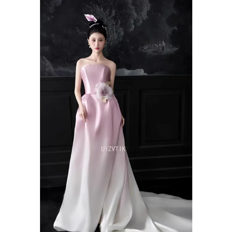 Gaun Pesta Malam Panjang Tanpa Tali Perancis Elegan Gaun Pengantin Mewah Ringan Wanita Gaun Perjamuan Pertunangan Pengantin Stiker 3D