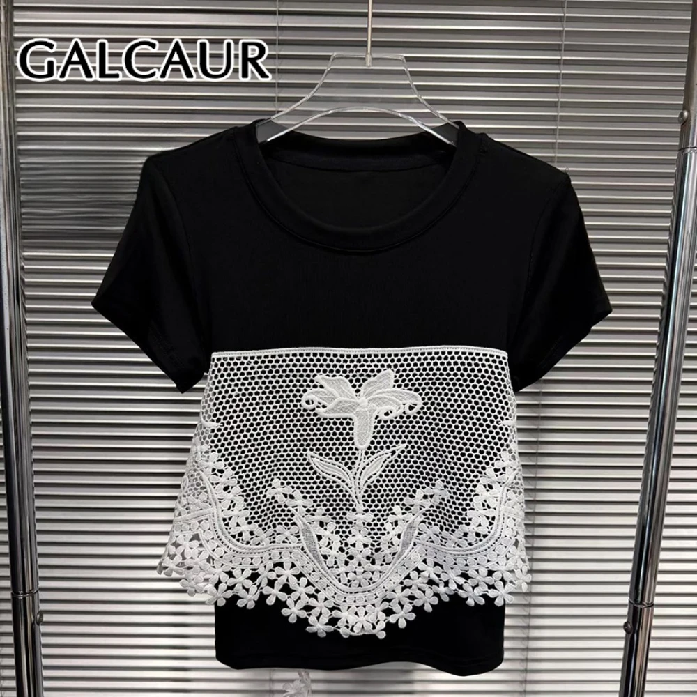 

GALCAUR Solid Slimming Minimalism T Shirts for Women Round Neck Short Sleeves Patchwork Lace Elegant Top Female Fashion Style