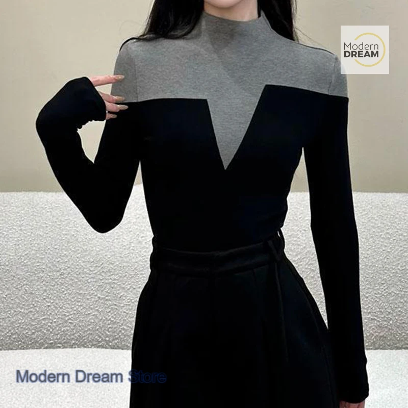 

French style sanding stitching contrast long-sleeved T-shirt women's autumn and winter fashion design sense Joker bottoming top