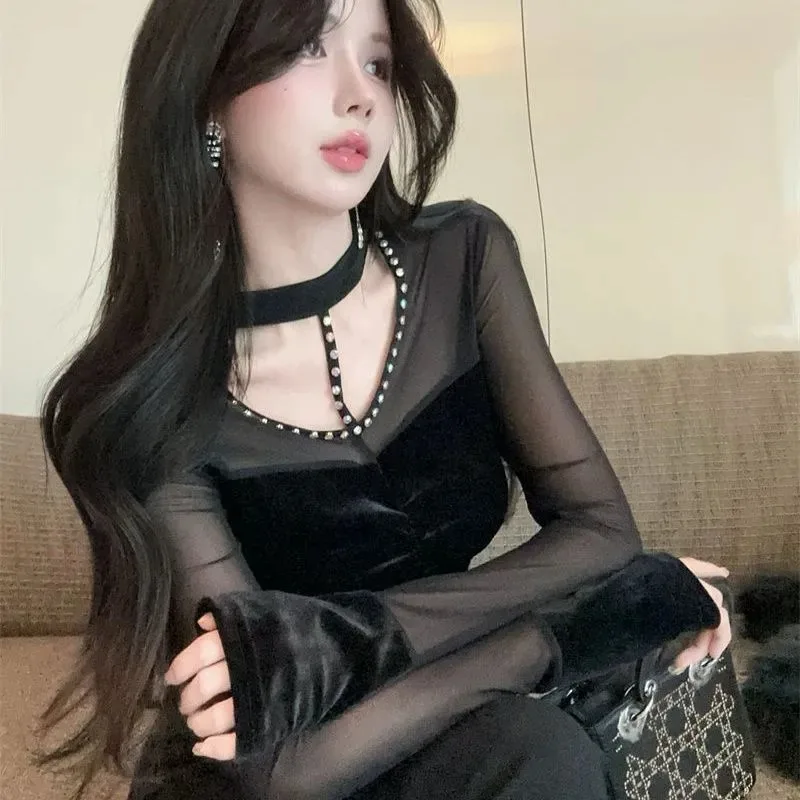 

Осень-зима, новинка Pure Desire, золотой бархатный сетчатый сексуальный тонкий топ с длинными рукавами и бриллиантами для женщин, футболки