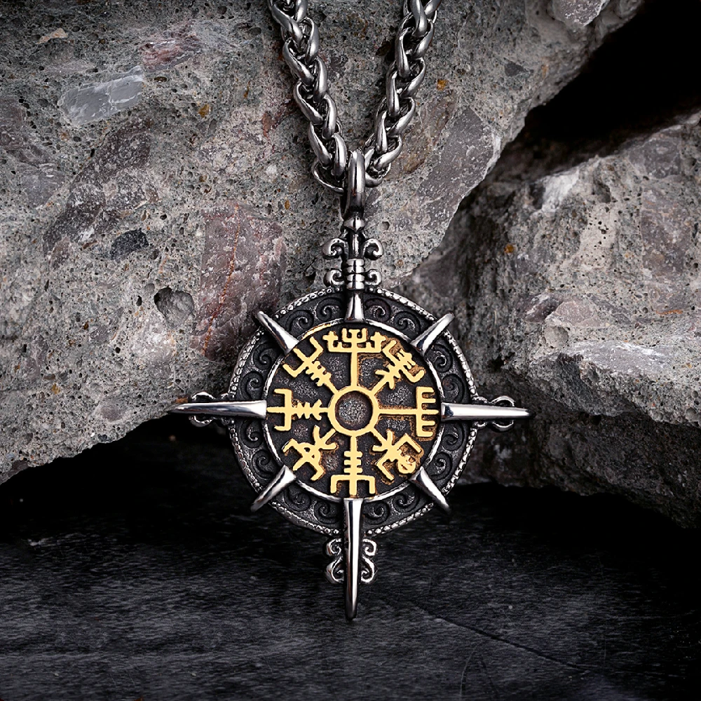 Retro Gold Color Vikings Compass Necklace Men Antique Stainless Steel Norse Rune Amulet Pendant Vegvisir Homme Icelandic Jewelry