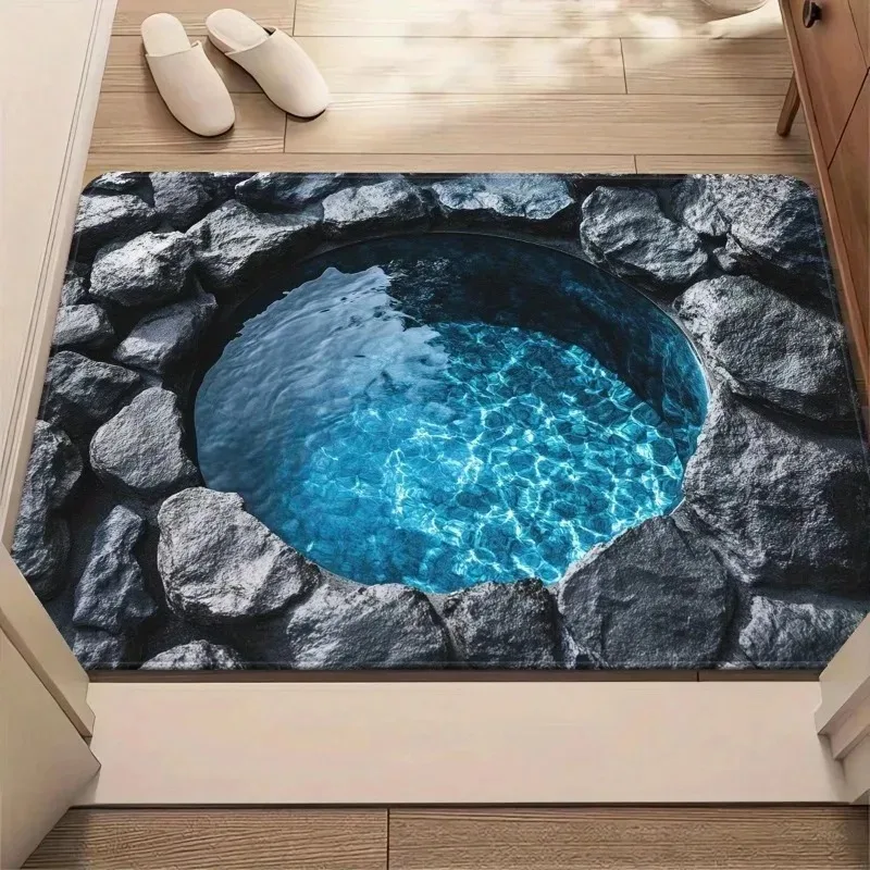 2D Optical Illusion Stone Pool Pattern Decor Rug Creative Visual Effect Floor Mat Unique Art Design for Indoor  Home Decor