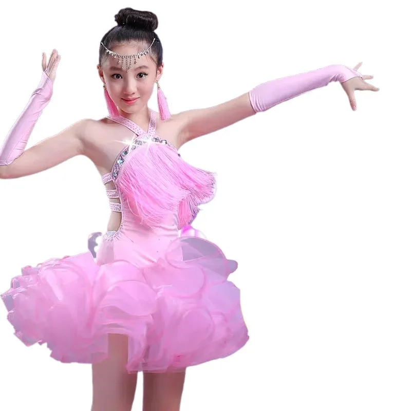 Professional Girls Modern Ballroom Latin Dance Costumes Fringe Latin Dance Dress Fluffy Tulle Skirt Children Latina Dresses