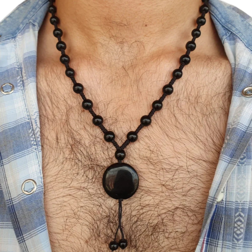 Vintage Black Simulated Onyx Stone Beaded Necklace For Men Fashion Classic Round Pendant Long Sweater Chain Necklace Jewelry