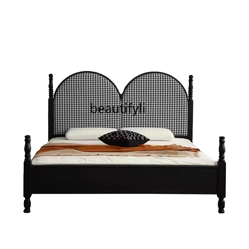 

French Retro Black Solid Wood Bed Backrest Master Bedroom Marriage Bed 1.8 M American Double Ash Wood Bed