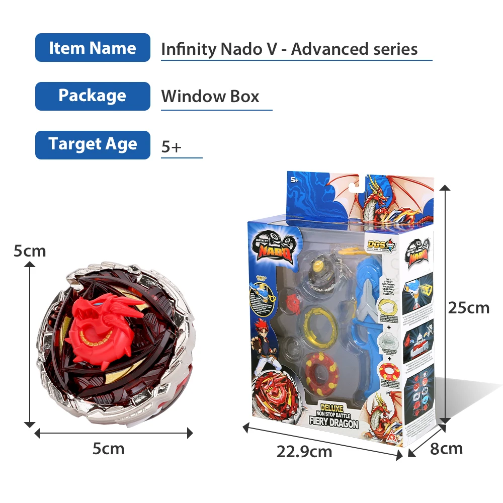 Infinity Nado 5 Deluxe Advanced Series Fiery Dragon Metal Spinning Top non-stop Battle Gyro con lanzador magnético Anime Kid Toy