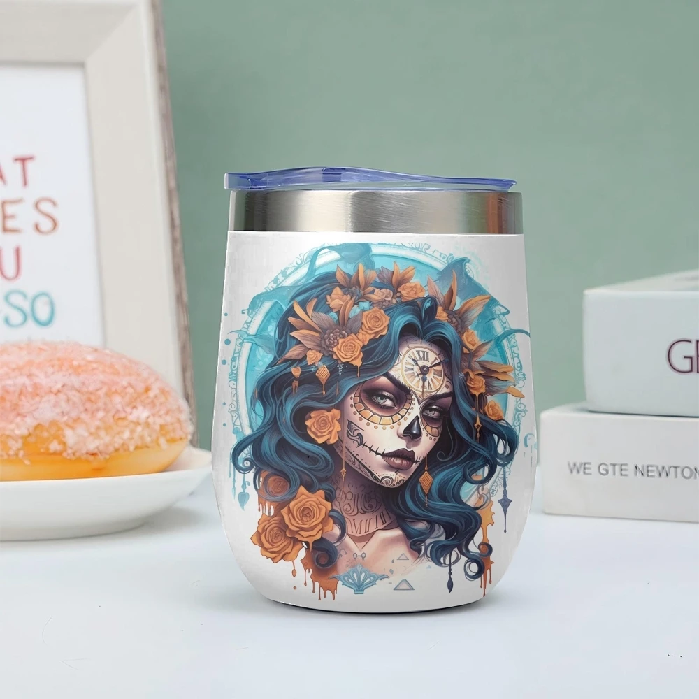 Suger Skull Women Vacuum Flasks 12oz Insulated Wine Tumbler Vacuum Coffee Mug Egg Shape Thermos Cup