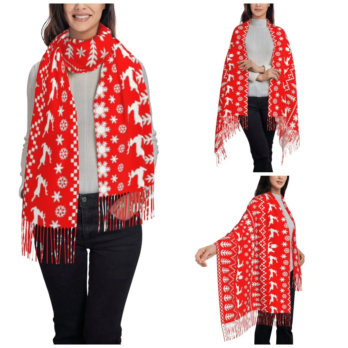 Red Christmas Reindeer Snowflake Deer Scarf for Womens Winter Fall Shawls and Wrap Single-sided Pattern Shawl Scarf Daily Wear