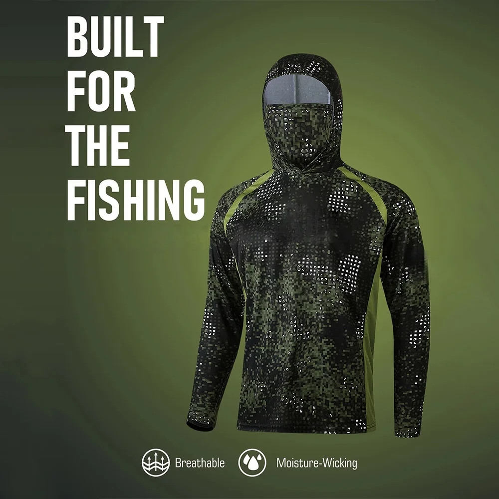 Men Green Black Digital Camo Anti‑UV Fishing Hoodie With Face Mask UPF50+ Quick Dry Breathable Long Sleeve Outdoor Fishing Wear