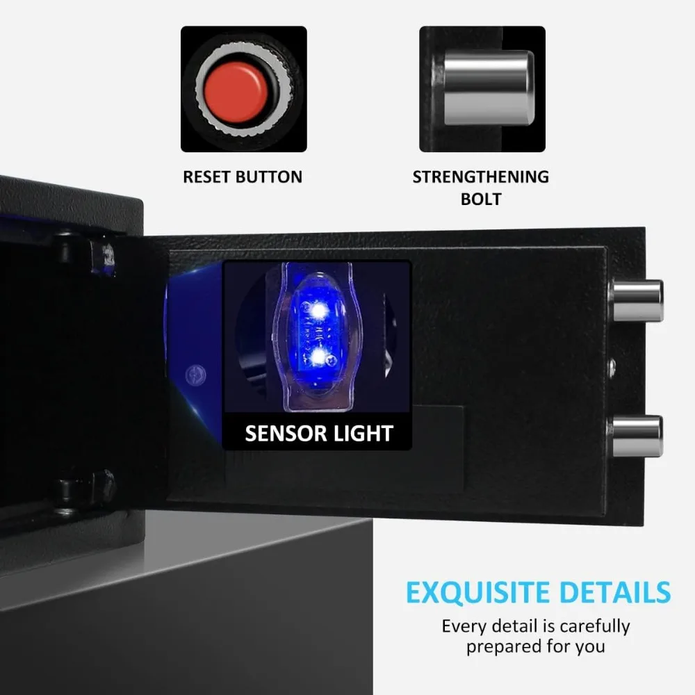 Safe Box with Sensor Light, with Key & Digital Lock for Home and Company.Wall or Cabinet Fixed Design, 0.4 Cubic Feet